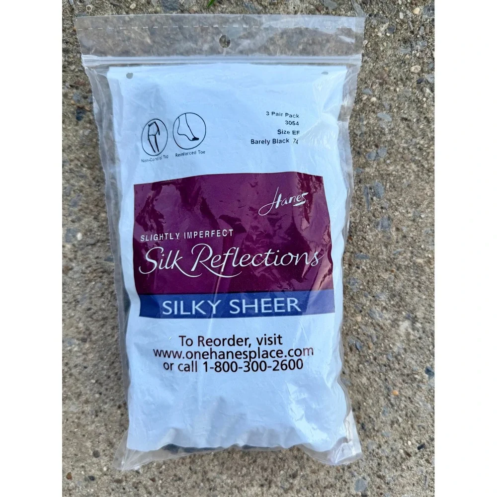 Hanes Silk Reflections Silky Sheer Pantyhose 3 Pair Barely Black Size EF 3054